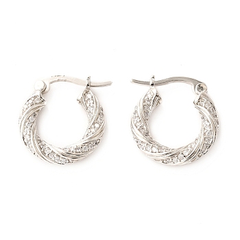 Brass Micro Pave Cubic Zirconia Hoop Earrings, Long-Lasting Plated, Ring, Real Platinum Plated, 17x16x3mm, Pin: 0.6mm