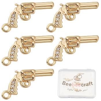 Brass Micro Pave Cubic Zirconia Pendants, Real 18K Gold Plated, Pistol, Clear, 17x8.5x3mm, Hole: 1.2mm, 8pcs/box