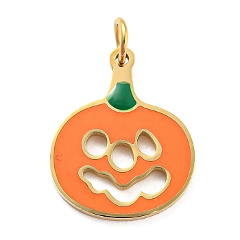 Halloween 304 Stainless Steel Charms, with Enamel and Jump Ring, Real 14K Gold Plated, Pumpkin Charm, Dark Orange, 15x12x2mm, Hole: 2.5mm