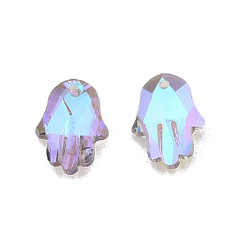 Electroplate Faceted Glass Pendants, Hamsa Hand, Lilac, 18x13.5x5.5mm, Hole: 1.4mm