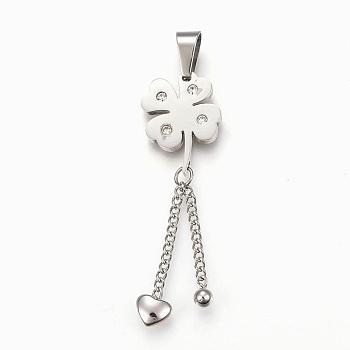 304 Stainless Steel Rhinestone Big Pendants, Clover, Stainless Steel Color, 54x16x3mm, Hole: 5x9mm