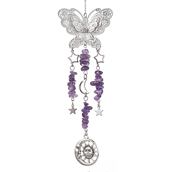 Natural Amethyst Pendant Decorations, with Tibetan Style Alloy Pendants, Butterfly, 246mm