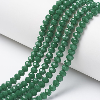 Opaque Solid Color Imitation Jade Glass Beads Strands, Faceted, Rondelle, Green, 8x6mm, Hole: 1mm, about 64~65pcs/strand, 40~41cm