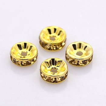 Brass Rhinestone Spacer Beads, Grade A, Straight Flange, Golden Metal Color, Rondelle, Light Colorado Topaz, 8x3.8mm, Hole: 1.5mm