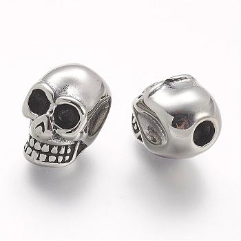 304 Stainless Steel European Beads, Skull, Large Hole Beads, Antique Silver, 17x11x13mm, Hole: 4mm