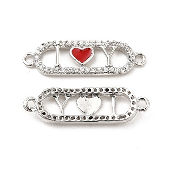 Brass Micro Pave Clear Cubic Zirconia Connetor Charms, with Enamel, Oval Links with Red Heart, Platinum, 7x24.5x2.5mm, Hole: 1.4mm