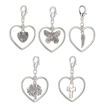 Valentine's Day Tibetan Style Alloy Pendant Decorations, with Zinc Alloy Lobster Claw Clasps, Heart with Wing/Cross/Tree of Life/Butterfly, Antique Silver & Silver, 49mm