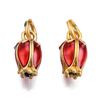 Alloy Enamel Charms, with Jump Rings, Matte Style, Cadmium Free & Lead Free, Tulip, Matte Gold Color, Red, 12x6x6mm, Jump Ring: 6x1mm, Inner Diameter: 4mm