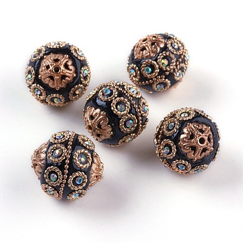 Handmade Indonesia Beads, with Metal Findings, Light Gold Color Plated, Round, Black, 20~21x19~20mm, Hole: 1.5mm