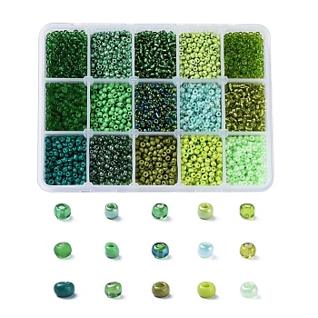 8/0 Glass Seed Beads, Transparent & Frosted Colors & Baking Paint & Opaque Colors Lustered & Opaque Colours &  Trans. Colours Lustered & Silver Lined & Transparent Colours Rainbow & Ceylon, Round, Green, 8/0, 3mm, Hole: 1mm, 15color, 20g/color, 300g/box
