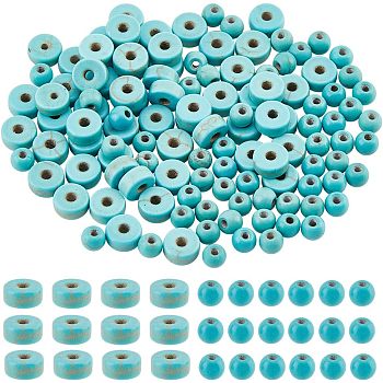 120Pcs 2 Styles Synthetic Turquoise Beads, Round & Flat Round, 4~6x2.5~3.5mm, Hole: 1.2~1.4mm, 60pcs/style