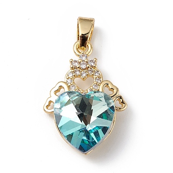 Real 18K Gold Plated Rack Plating Brass Micro Pave Clear Cubic Zirconia Pendants, with Glass, Long-Lasting Plated, Cadmium Free & Lead Free, Heart Charm, Pale Turquoise, 24x16x8mm, Hole: 5mm