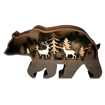 Natural Boxwood Display Decorations, Bear with Forest, Coconut Brown, 9.8x18x2.3cm