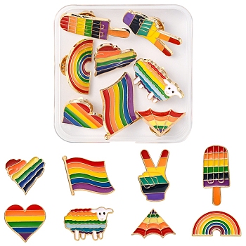 8Pcs 8 Style Rianbow Color Pride Flag Enamel Pins Set, Light Gold Alloy Kite & Heart & Sheep & Ice Sucker Brooches for Backpack Clothes, Mixed Color, 16~37x16~30x2mm, Pin: 1mm, 1Pc/style