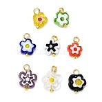Handmade Millefiori Glass Charms, Flower, with Brass Loop, Golden, 10~12x7~9x3~3.5mm, Hole: 1.8~2mm(PALLOY-JF04572-01)