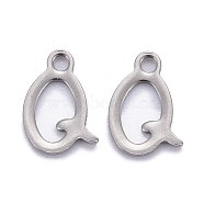 304 Stainless Steel Pendants, Alphabet, Stainless Steel Color, Letter.Q, 11x7x1mm, Hole: 1.5mm(STAS-Z023-Q)