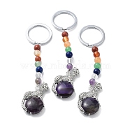Natural Amethyst & Brass Cheetah Keychain, with 7 Chakra Gemstone Bead and Iron Rings, Lead Free & Cadmium Free, 10.3cm(KEYC-H019-01P-03)