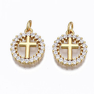Brass Micro Pave Clear Cubic Zirconia Pendants, with Jump Rings, Nickel Free, Ring with Cross, Real 16K Gold Plated, 16x13x3mm, Hole: 3mm(ZIRC-N039-140-NF)