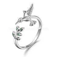 SHEGRACE Rhodium Plated 925 Sterling Silver Cuff Rings, Open Rings, with Grade AAA Cubic Zirconia, Bird with Leaf, Platinum, Size 7, Inner Diameter: 17mm(JR812A)