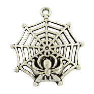 Tibetan Style Alloy Pendants, Spider and Web, Cadmium Free & Nickel Free & Lead Free, Antique Silver, 31x27x6mm, Hole: 2mm(X-TIBEP-A5579-AS-NR)