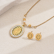 Stainless Steel Rhinestones Oval with Virgin Mary Pendant Necklace & Stud Earrings Set for Women, Golden(RA9493)