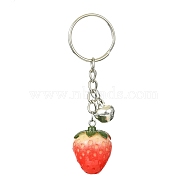 Fruit Resin Pendant Keychain, with Iron Split Key Rings and Bell Charms, Strawberry, 8.3cm, pendant: 29x21x20mm(KEYC-JKC00643-04)