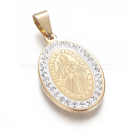 304 Stainless Steel Pendants, with Polymer Clay Rhinestone, Oval with Jesus & Word God's Compassion, Golden, 26x17x3mm, Hole: 4x6mm(STAS-F210-15G)