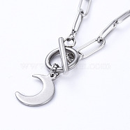 Moon 304 Stainless Steel Pendant Necklaces, with Paperclip Chains and Toggle Clasps, Stainless Steel Color, 17.20 inch(43.7cm)(X-NJEW-JN02888-02)