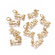 Brass Charms, Long-Lasting Plated, Word LOVE, Golden, 7.5x13x2mm, Hole: 4mm(KK-K238-04G)