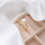 Natural Freshwater Pearl with Clear Cubic Zirconia Cuff Rings, Golden, Leaf, Inner Diameter: 15~19mm(WGACE42-19)