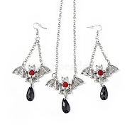 Plastic Bat with Teardrop Pendant Necklace & Dangle Earrings, Halloween Theme Alloy Jewelry Set for Women, Antique Silver & Platinum, 442mm, 98mm, Pin: 0.6mm(SJEW-G081-01AS)