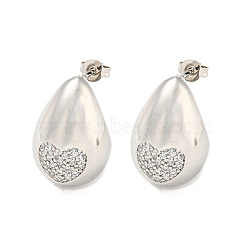 Brass with Cubic Zirconia Stud Earrings, Teardrop, Platinum, 21x14mm(EJEW-Q799-02B-P)