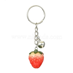 Fruit Resin Pendant Keychain, with Iron Split Key Rings and Bell Charms, Strawberry, 8.3cm, pendant: 29x21x20mm(KEYC-JKC00643-04)