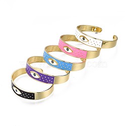 Enamel Evil Eye Flat Band Open Cuff Bangle, Brass Jewelry for Women, Real 18K Gold Plated, Nickel Free, Mixed Color, Inner Diameter: 2-1/2 inch(6.2cm)(BJEW-N012-015)