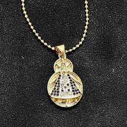 Brass Clear & Blue Cubic Zirconia Nossa Senhora Aparecida Virgin Pendant Necklaces for Women, Real 18K Gold Plated, 17.72 inch(45cm)(NJEW-U039-01B-G)