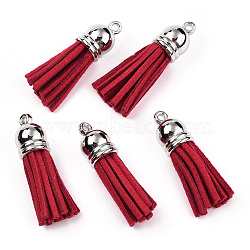 Faux Suede Tassel Pendant Decorations, with CCB Plastic Cord Ends, Platinum, Crimson, 33~35x10mm, Hole: 2.5mm(FIND-R095-020P)