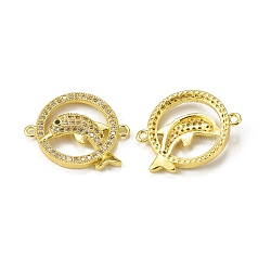 Brass Micro Pave Clear Cubic Zirconia Connector Charms, Ring with Dolphin Links, Golden, 17x21x4mm, Hole: 1.2mm(KK-E068-VB059)