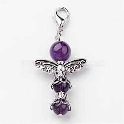 Natural Round Amethyst Pendant Decorations, with Zinc Alloy Findings and Lobster Claw Clasps, Indigo, 50mm(HJEW-JM00200-05)