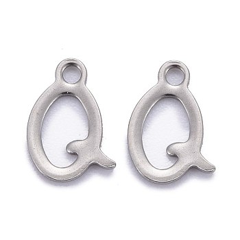 304 Stainless Steel Pendants, Alphabet, Stainless Steel Color, Letter.Q, 11x7x1mm, Hole: 1.5mm