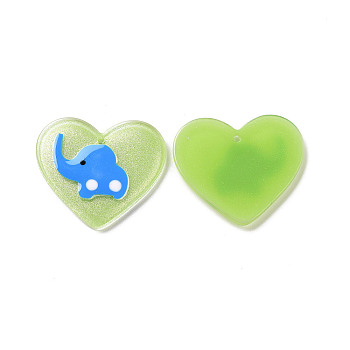 Acrylic Pendants, with Enamel and Glitter Powder, Heart with Elephant Pattern, Spring Green, 26x29.5x2mm, Hole: 1.5mm