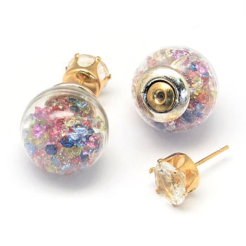 Double Sided Glass Ball Stud Earrings, with Resin Rhinestones and Golden Iron Pins, Colorful, 16mm, 8mm, Pin: 0.7mm