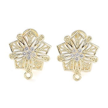 Hollow Flower Brass Micro Pave Cubic Zirconia Stud Earrings Finding, with Horizontal Loops, Cadmium Free & Lead Free, Real 18K Gold Plated, 18x15.5mm, Hole: 1.5mm, Pin: 0.8mm