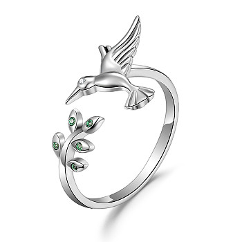 SHEGRACE Rhodium Plated 925 Sterling Silver Cuff Rings, Open Rings, with Grade AAA Cubic Zirconia, Bird with Leaf, Platinum, Size 7, Inner Diameter: 17mm
