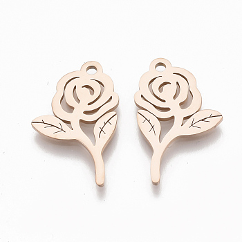 Valentine's Day Theme, 201 Stainless Steel Pendants, Flower/Rose, Rose Gold, 19x12x1mm, Hole: 1.4mm