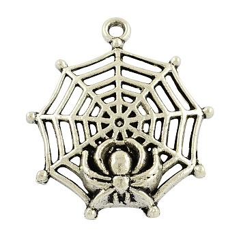 Tibetan Style Alloy Pendants, Spider and Web, Cadmium Free & Nickel Free & Lead Free, Antique Silver, 31x27x6mm, Hole: 2mm