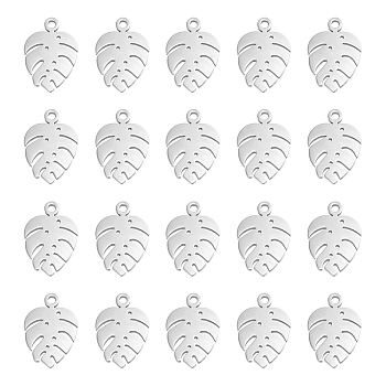 304 Stainless Steel Charms, Tropical Leaf Charms, Monstera Leaf, Stainless Steel Color, 13x9x1mm, Hole: 1mm, 30pcs/box