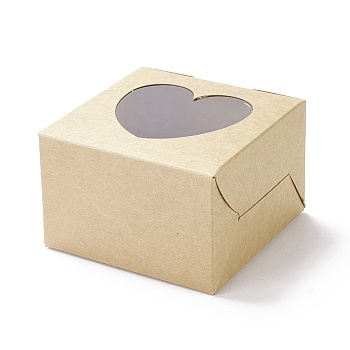 Cardboard Box, with PET Heart Visual Windows, Sqaure, BurlyWood, Finished Product: 10.1x10.1x6.5cm; Unfold: 36x23x0.05cm