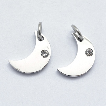316 Surgical Stainless Steel Pendants, with Cubic Zirconia, Moon, Clear, Stainless Steel Color, 12x9x2mm, Hole: 3mm