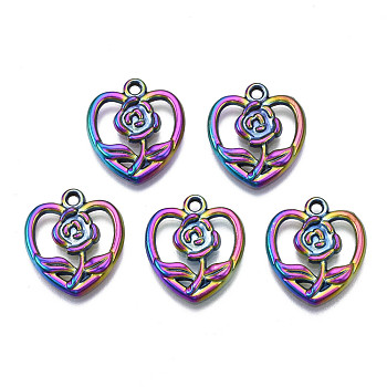 Rack Plating Rainbow Color Alloy Pendants, Cadmium Free & Nickel Free & Lead Free, Heart with Flower, 18x16x2mm, Hole: 1.5~1.6mm