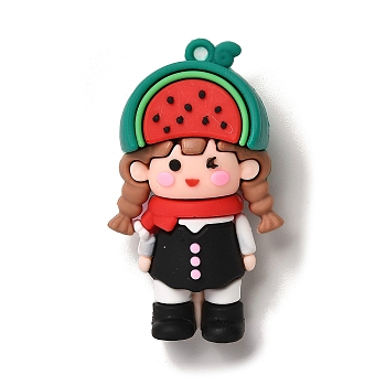 PVC Plastic Pendants, Girl with Fruit, Watermelon, 58x34x23mm, Hole: 3mm